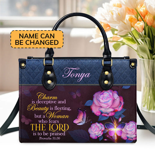Proverbs 3130 Personalized Leather Handbag With Handle Scripture Meaningful Gifts For Christian Women
