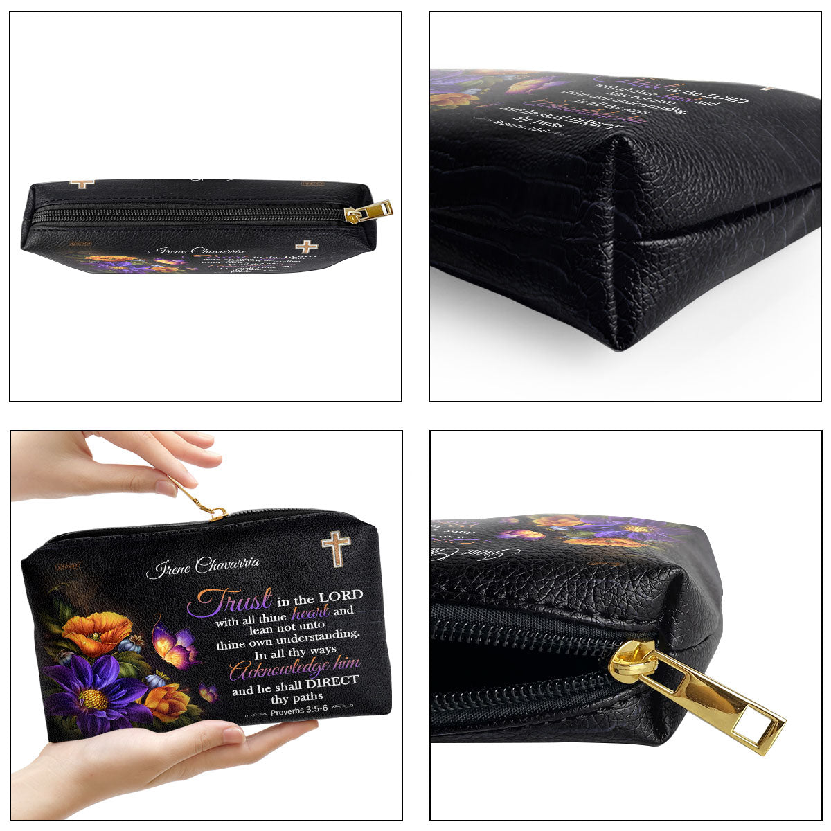 Proverbs 35-6 Butterfly & Flower Trust In The Lord With All Thine Heart Personalized Leather Pouch With Zipper - Spiritual Gifts For Her