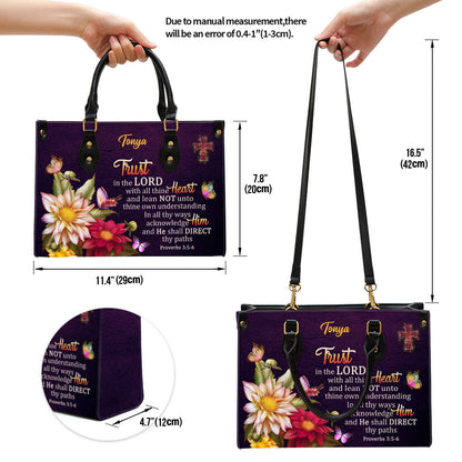 Proverbs 35-6 Trust In The Lord With All Thine Heart Flower And Cross Personalized Leather Handbag
