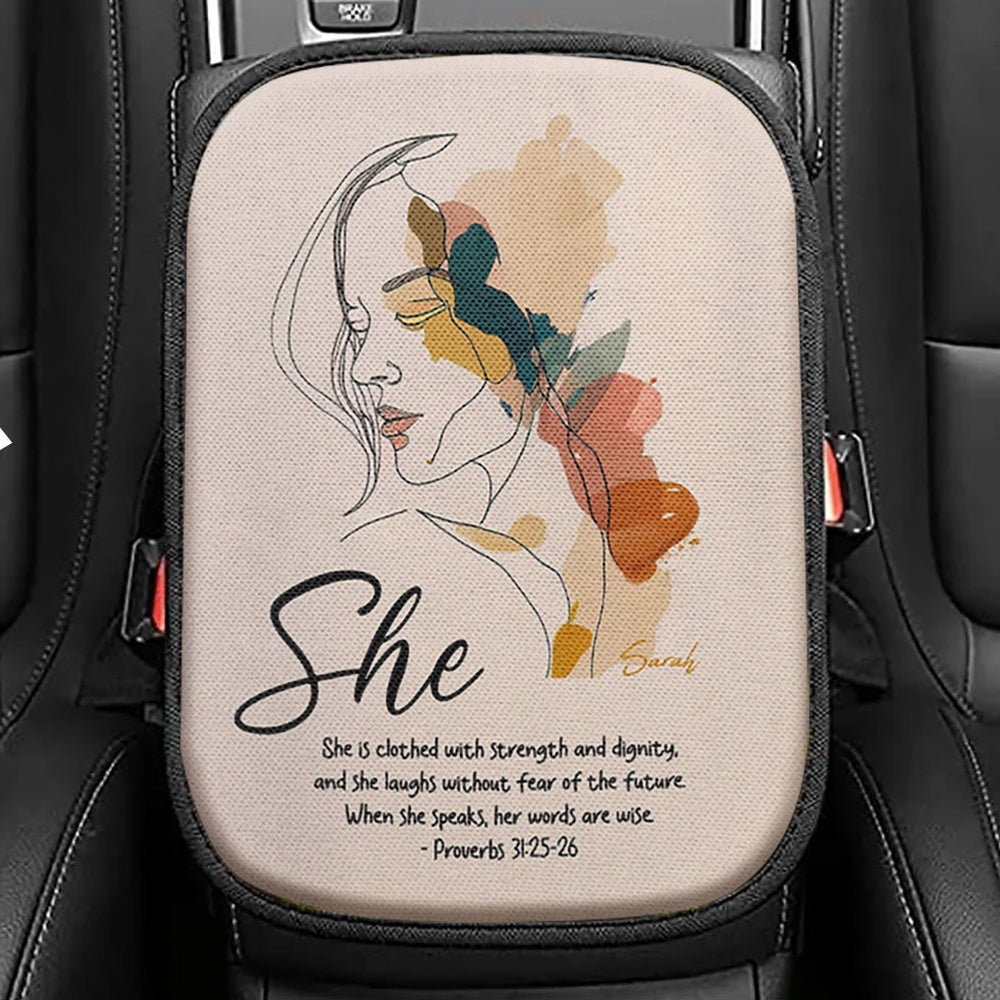 Proverbs 35 Hummingbird Scripture Christian Seat Box Cover, Bible Verse Car Center Console Cover, Scripture Car Interior Accessories