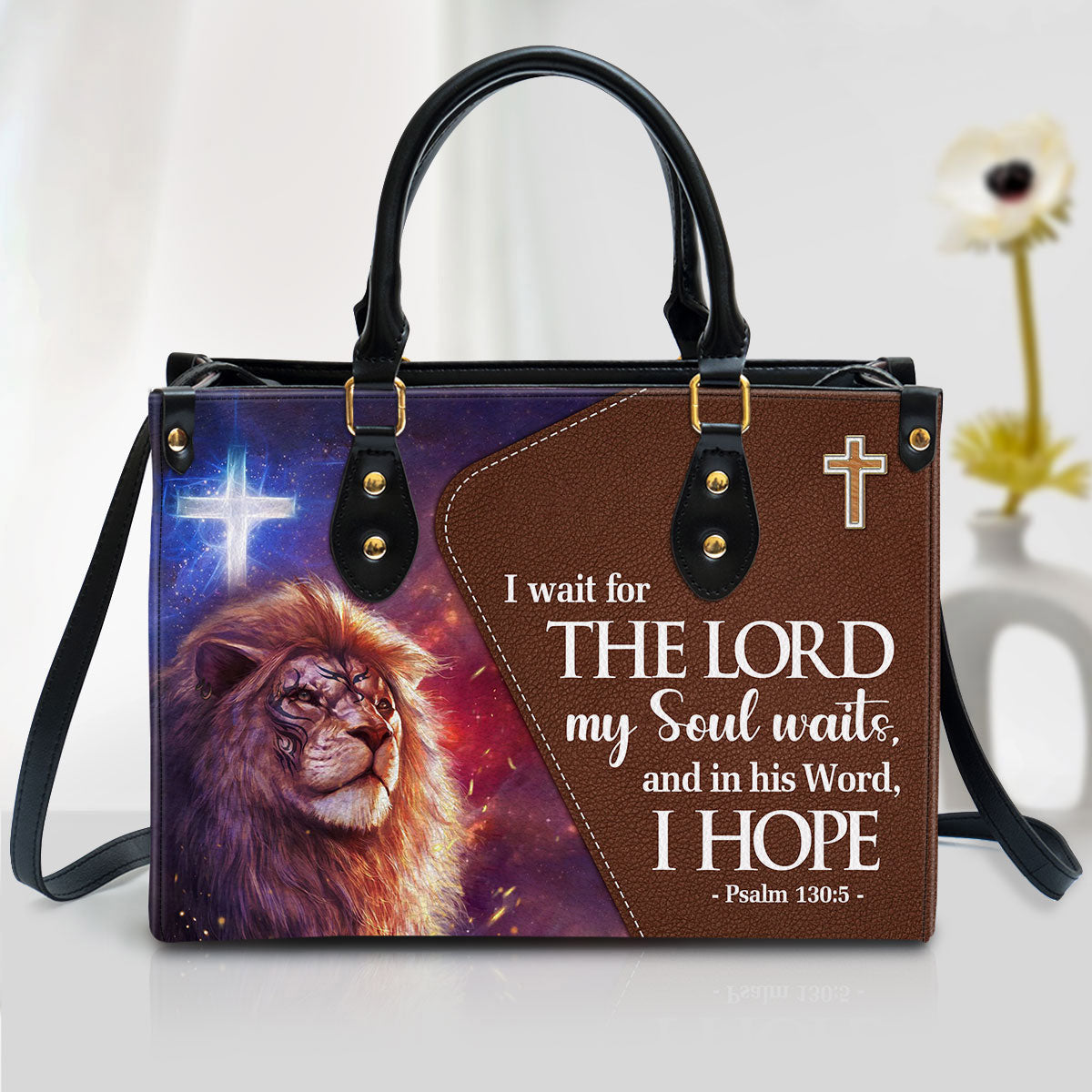 Psalm 1305 I Wait For The Lord Leather Handbag With Handle - Lion And Cross Christian Gifts For Women