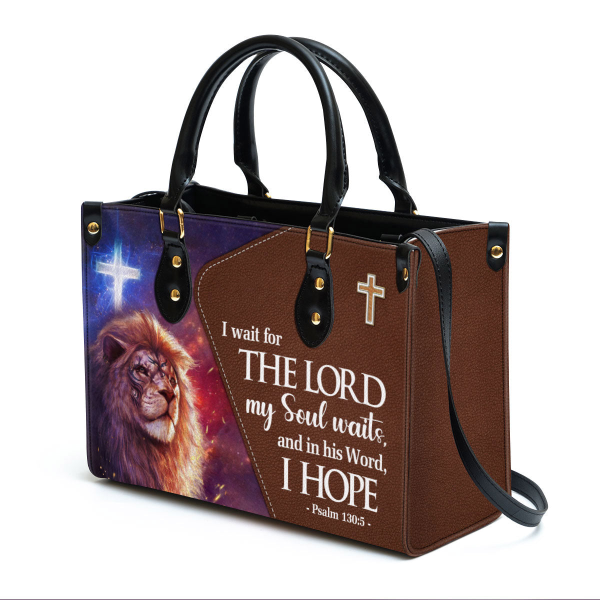 Psalm 1305 I Wait For The Lord Leather Handbag With Handle - Lion And Cross Christian Gifts For Women