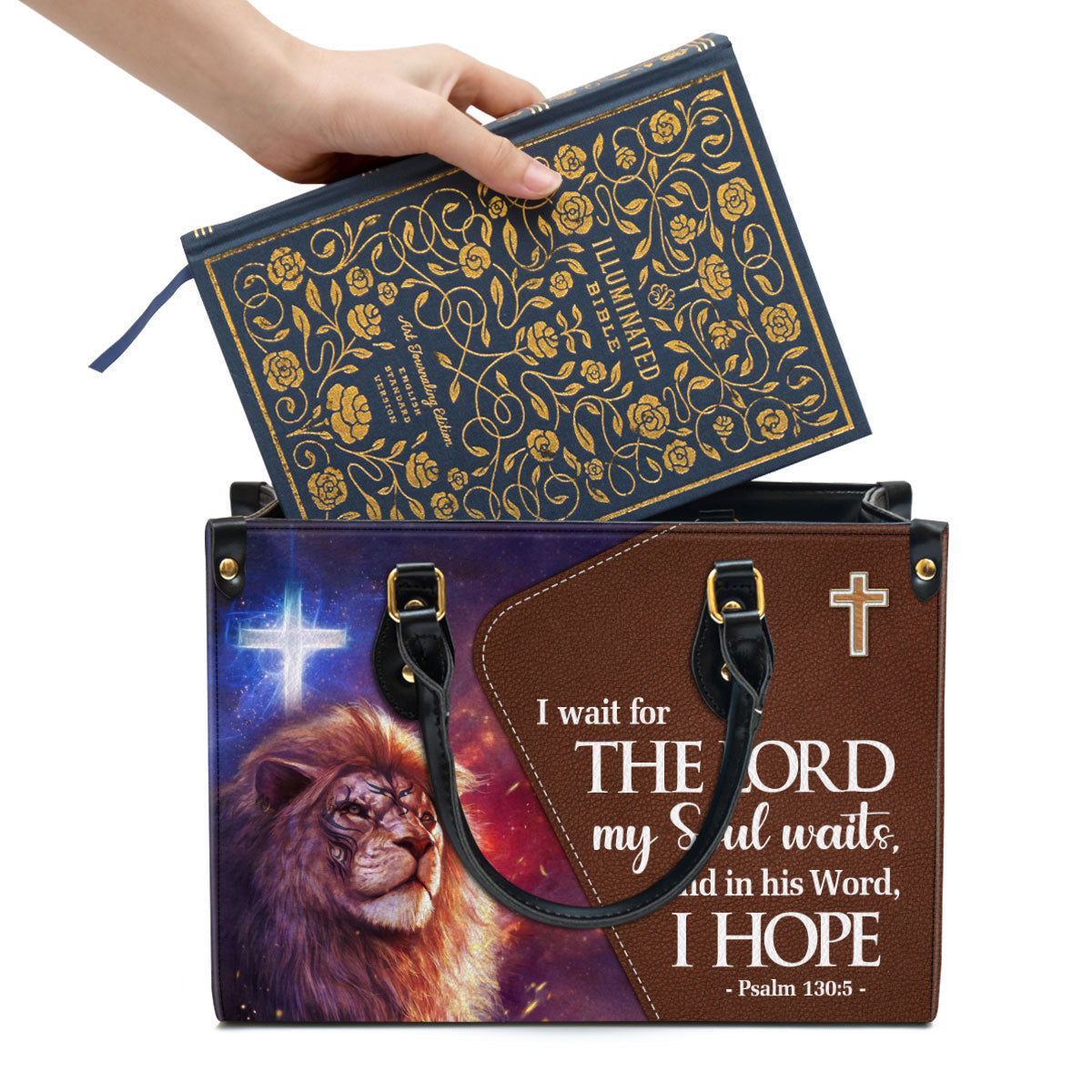 Psalm 1305 I Wait For The Lord Leather Handbag With Handle - Lion And Cross Christian Gifts For Women