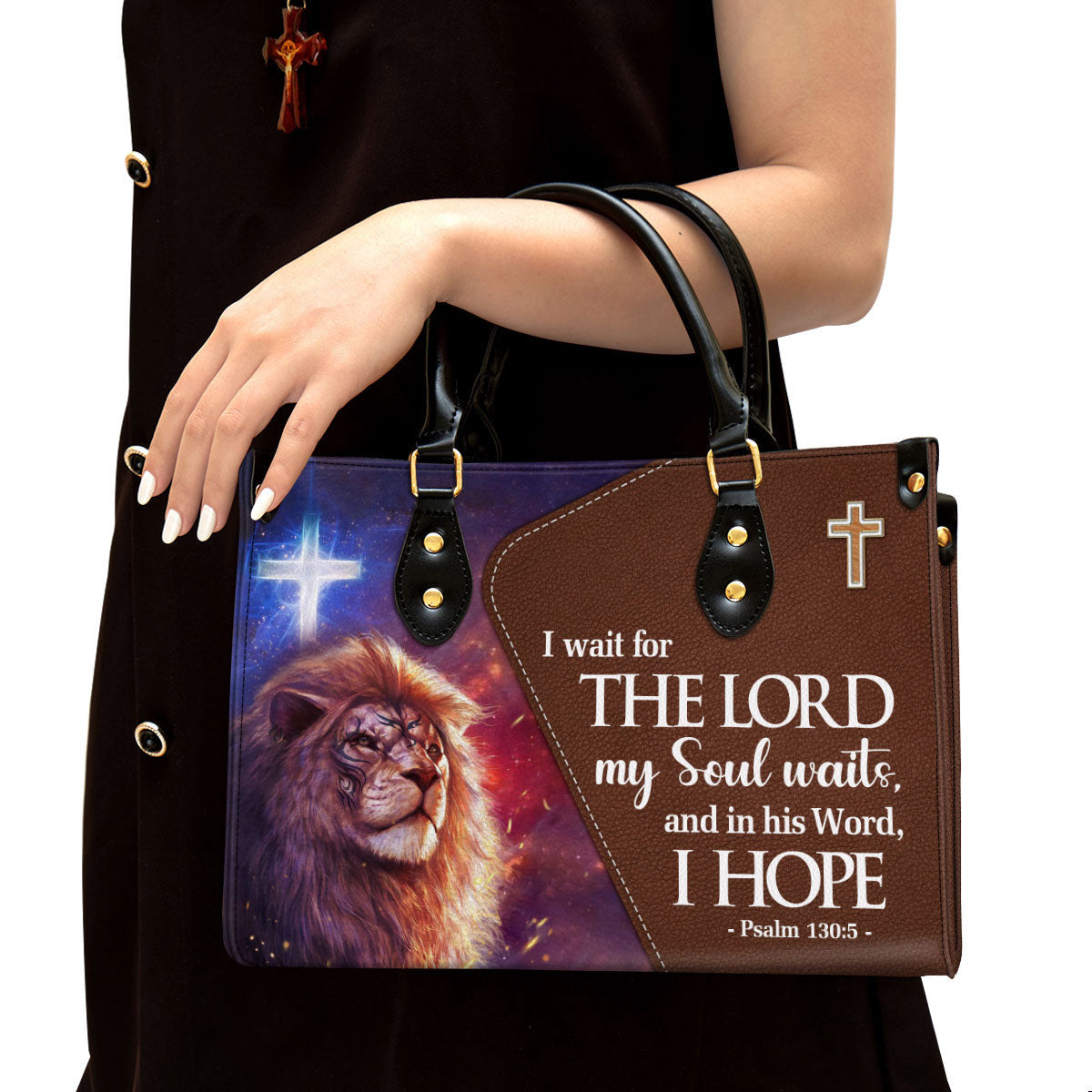 Psalm 1305 I Wait For The Lord Leather Handbag With Handle - Lion And Cross Christian Gifts For Women
