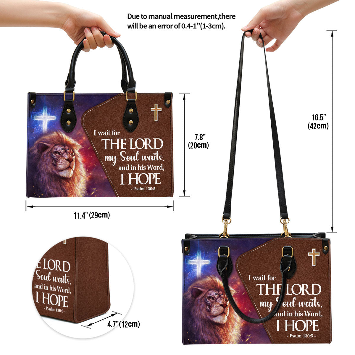 Psalm 1305 I Wait For The Lord Leather Handbag With Handle - Lion And Cross Christian Gifts For Women