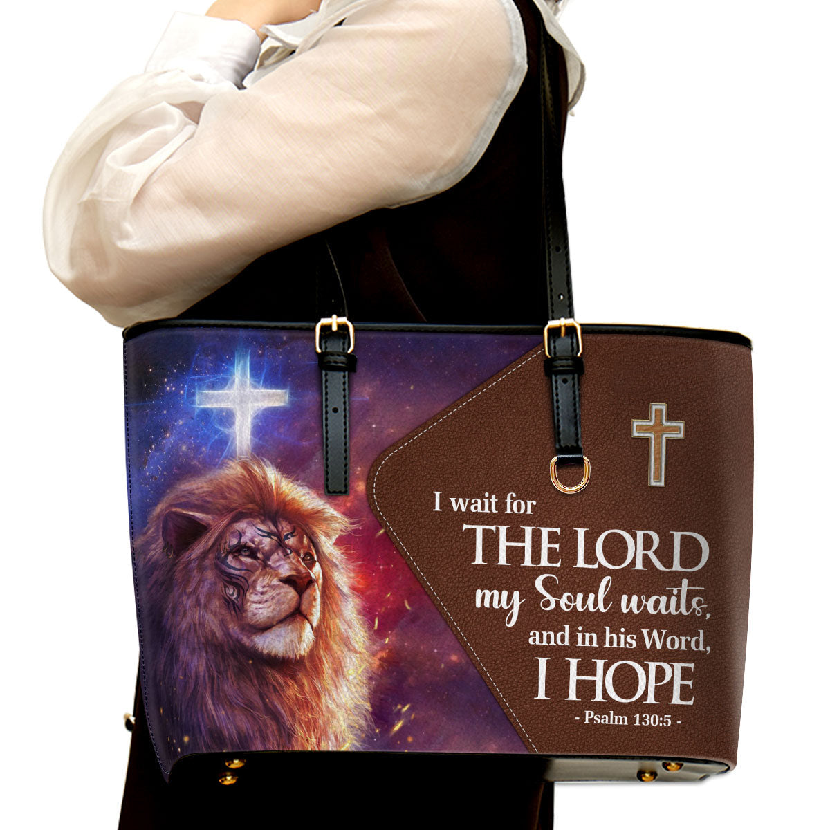 Psalm 1305 I Wait For The Lord Lion Large Leather Tote Bag - Christ Gifts For Religious Women - Best Mother's Day Gifts