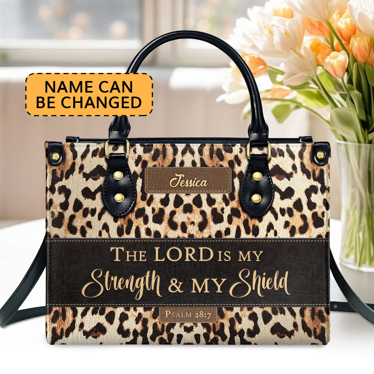 Psalm 287 The Lord Is My Strength And My Shield Personalized Leather Handbag With Zipper Worship Gift For Women's Ministry