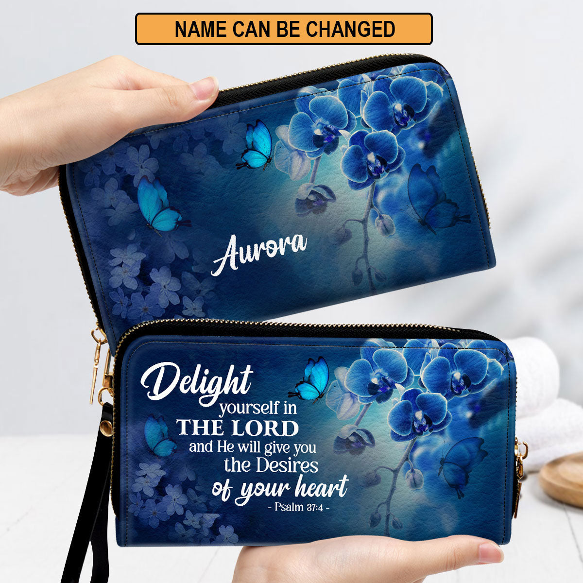 Psalm 374 Delight Yourself In The Lord Blue Orchids And Lilac Clutch Purse For Women - Personalized Name - Christian Gifts For Women