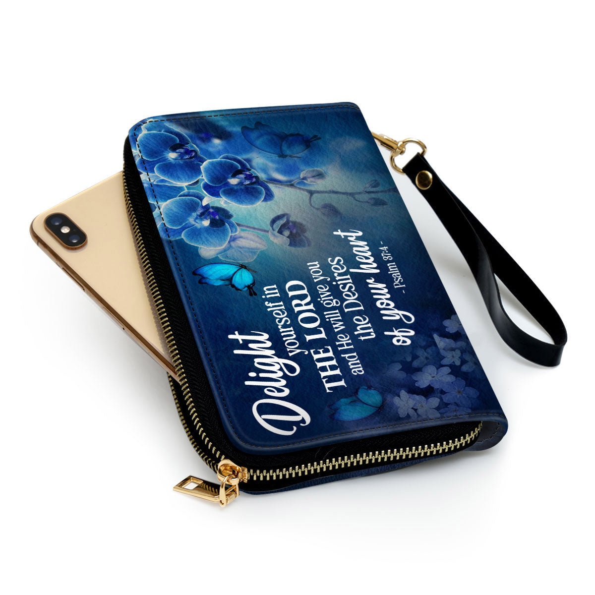 Psalm 374 Delight Yourself In The Lord Blue Orchids And Lilac Clutch Purse For Women - Personalized Name - Christian Gifts For Women