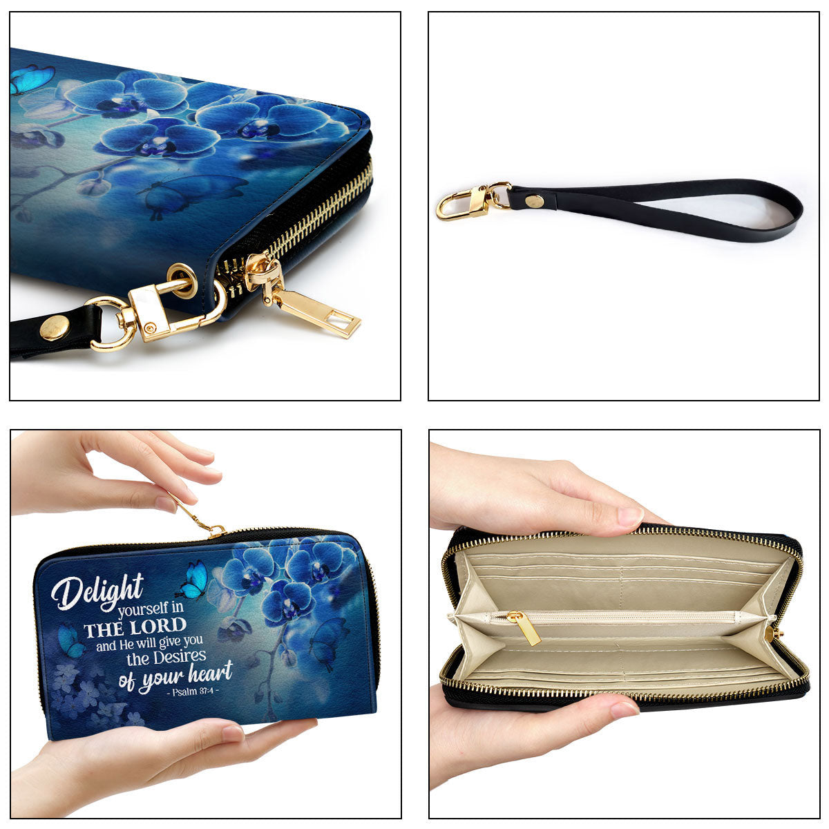 Psalm 374 Delight Yourself In The Lord Blue Orchids And Lilac Clutch Purse For Women - Personalized Name - Christian Gifts For Women