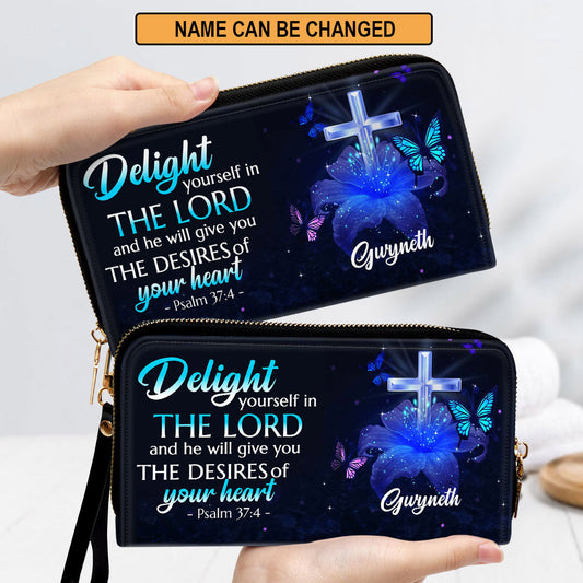 Psalm 374 Delight Yourself In The Lord Clutch Purse For Women - Personalized Name - Christian Gifts For Women