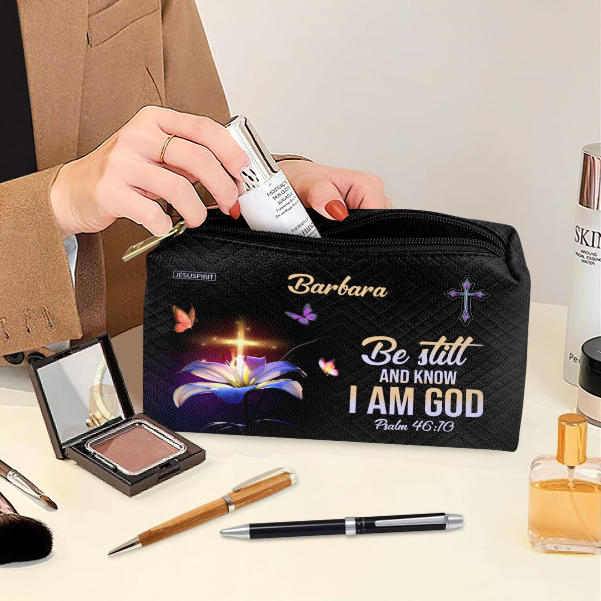 Psalm 4610 Personalized Zippered Leather Pouch Be Still And Know That I Am God - Gift For Christian Ladies