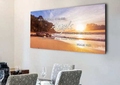 Psalm 9111 Angels Charge Over You & Beach Sunrise Wall Art - Christian Canvas Wall Art