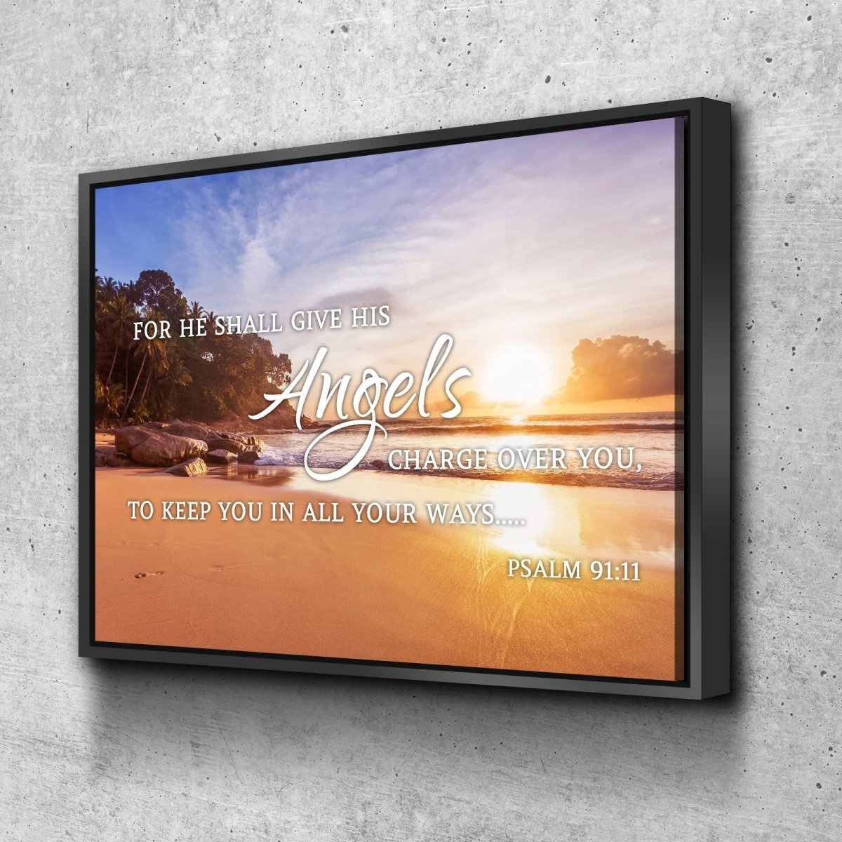 Psalm 9111 Angels Charge Over You & Beach Sunrise Wall Art - Christian Canvas Wall Art