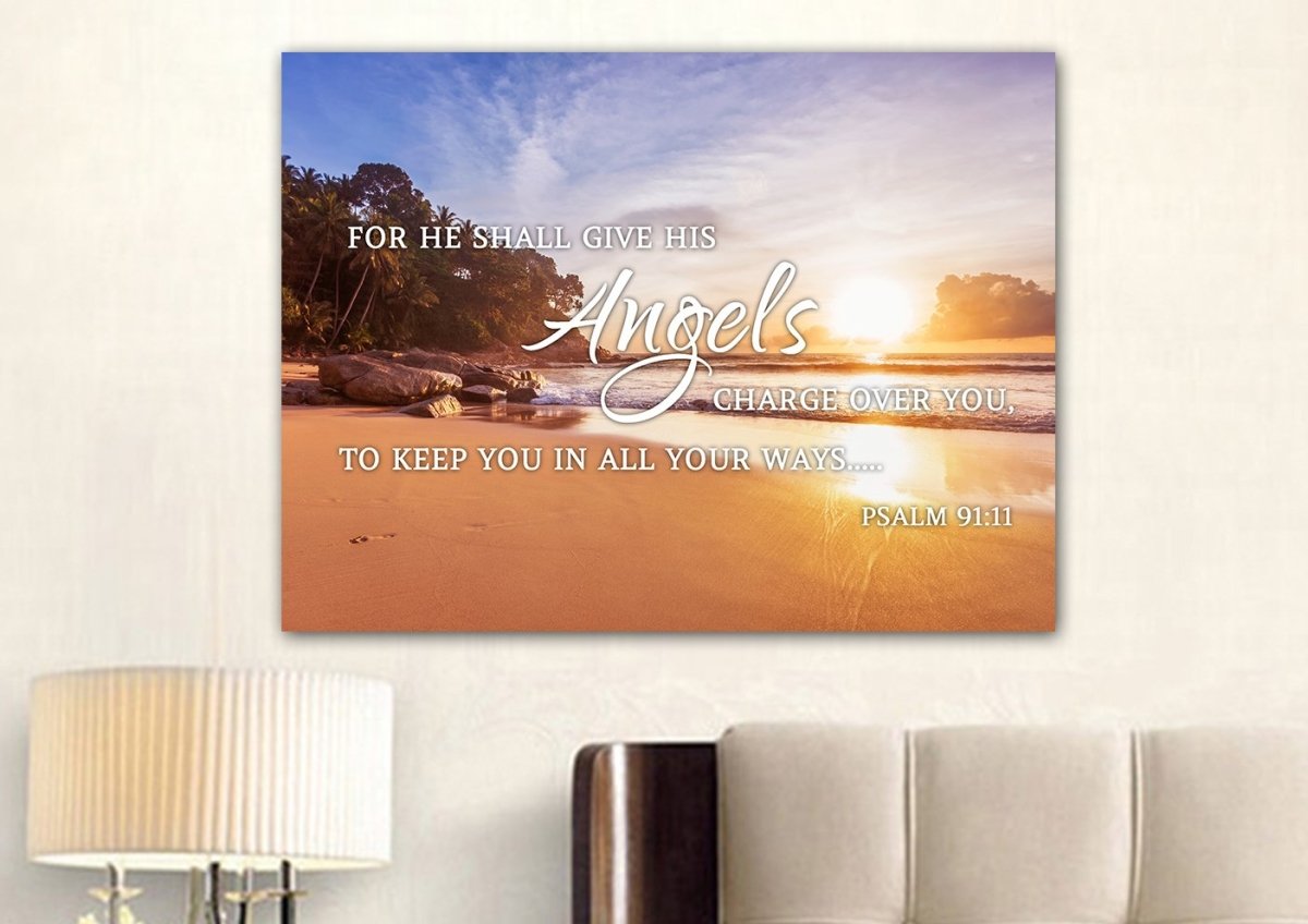 Psalm 9111 Angels Charge Over You & Beach Sunrise Wall Art - Christian Canvas Wall Art