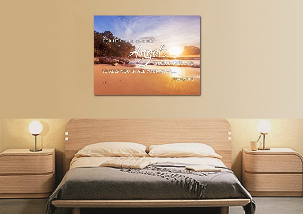 Psalm 9111 Angels Charge Over You & Beach Sunrise Wall Art - Christian Canvas Wall Art