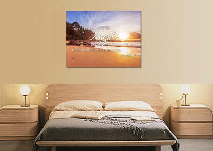 Psalm 9111 Angels Charge Over You & Beach Sunrise Wall Art - Christian Canvas Wall Art