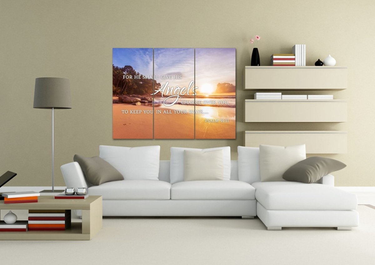 Psalm 9111 Angels Charge Over You & Beach Sunrise Wall Art - Christian Canvas Wall Art