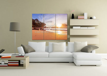 Psalm 9111 Angels Charge Over You & Beach Sunrise Wall Art - Christian Canvas Wall Art
