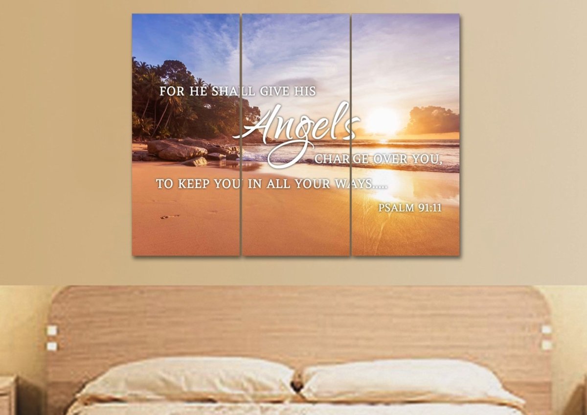 Psalm 9111 Angels Charge Over You & Beach Sunrise Wall Art - Christian Canvas Wall Art