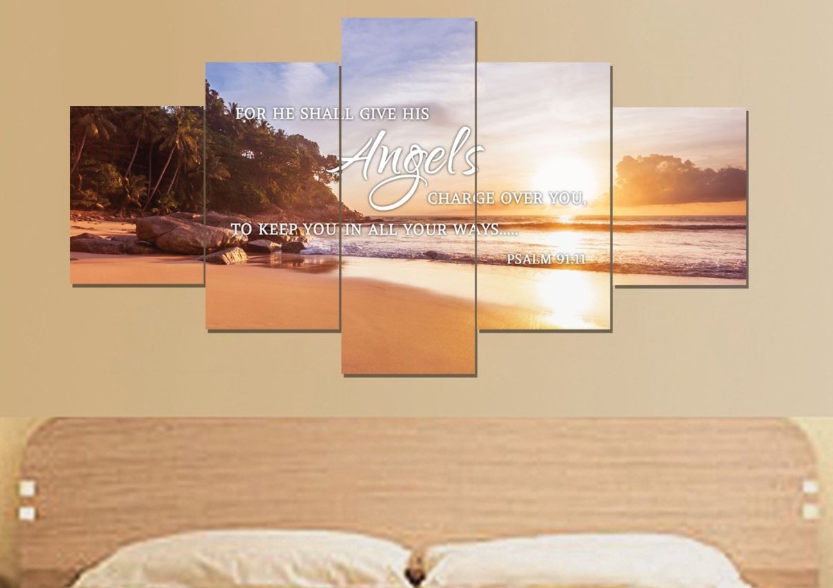 Psalm 9111 Angels Charge Over You & Beach Sunrise Wall Art - Christian Canvas Wall Art