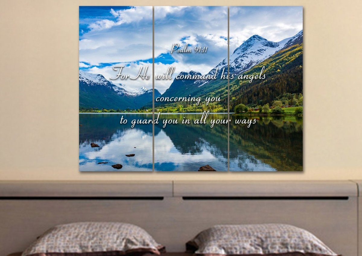 Psalm 9111 Command Angels To Guard You & Lake Wall Art - Christian Canvas Wall Art