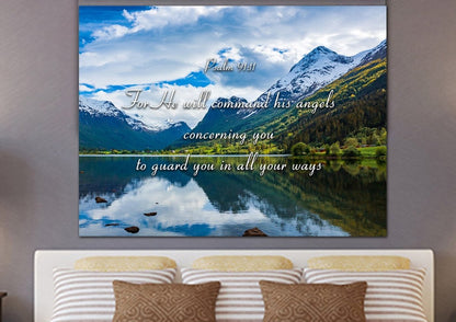 Psalm 9111 Command Angels To Guard You & Lake Wall Art - Christian Canvas Wall Art