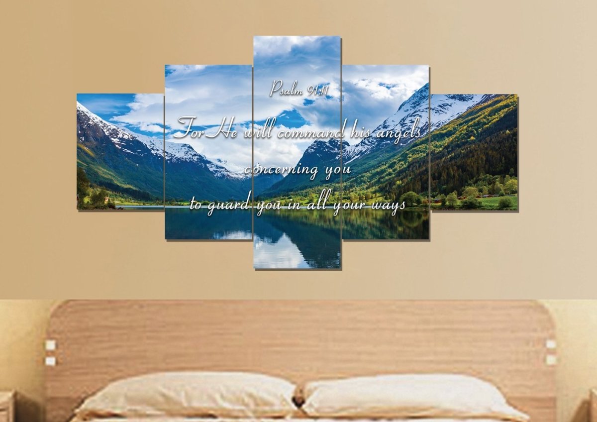 Psalm 9111 Command Angels To Guard You & Lake Wall Art - Christian Canvas Wall Art