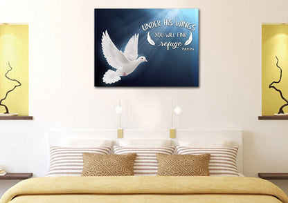 Psalm 914 Find Refuge Under His Wings With Dove Wall Art - Christian Canvas Wall Art