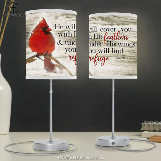 Psalm 914 He Will Cover You With His Feathers Table Lamp For Bedroom - Cardinal Bird - Christian Room Decor