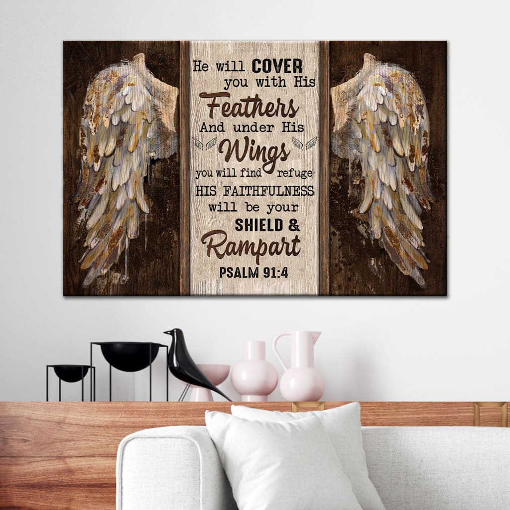 Psalm 914 He Will Cover You With His Feathers Wall Art Canvas, Bible Verse Wall Art Decor - Religious Wall Decor