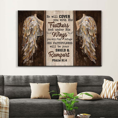 Psalm 914 He Will Cover You With His Feathers Wall Art Canvas, Bible Verse Wall Art Decor - Religious Wall Decor