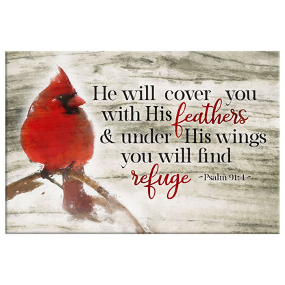 Psalm 914 He Will Cover You With His Feathers Wall Art Canvas, Cardinal Bird Christian Wall Decor - Religious Wall Decor