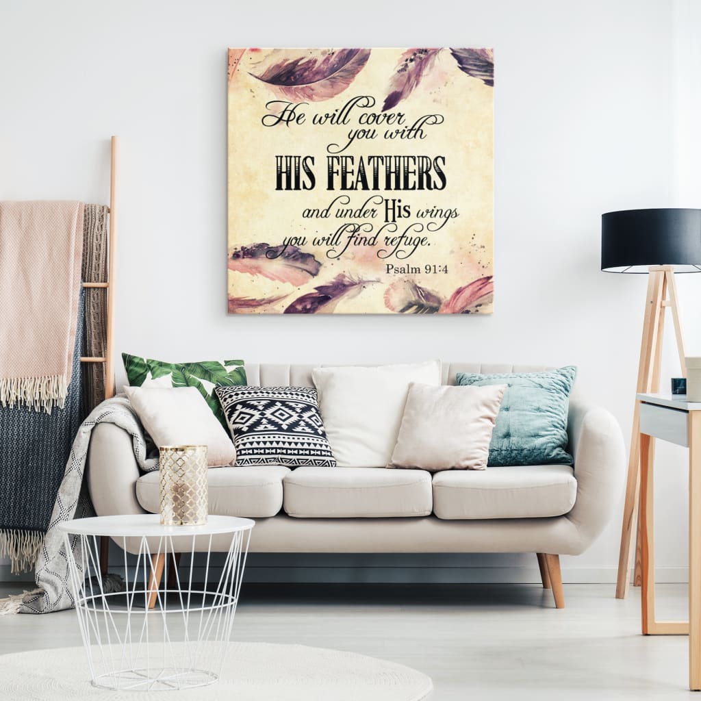 Psalm 914 Niv He Will Cover You With His Feathers Canvas Wall Art - Bible Verse Wall Art - Christian Decor