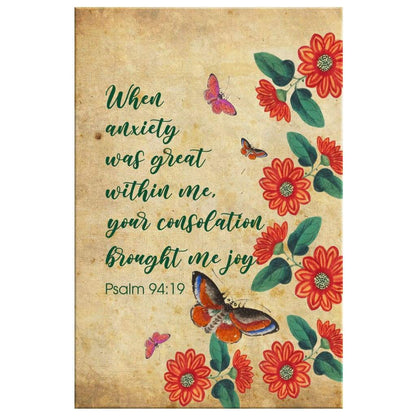 Psalm 9419 When Anxiety Was Great Within Me Canvas Art - Bible Verse Canvas - Scripture Wall Art
