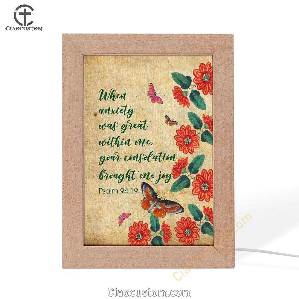 Psalm 9419 When Anxiety Was Great Within Me Frame Lamp Prints - Bible Verse Wooden Lamp - Scripture Night Light