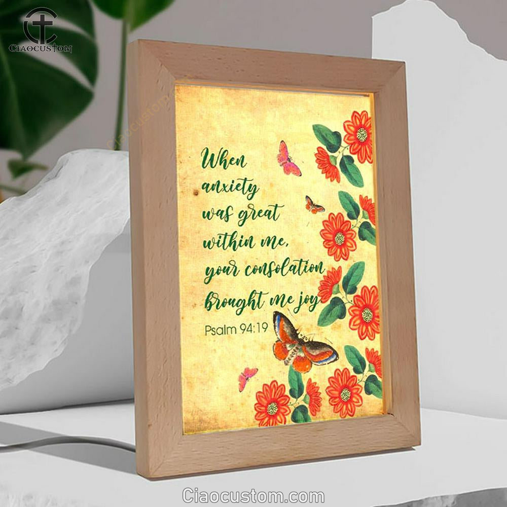 Psalm 9419 When Anxiety Was Great Within Me Frame Lamp Prints - Bible Verse Wooden Lamp - Scripture Night Light