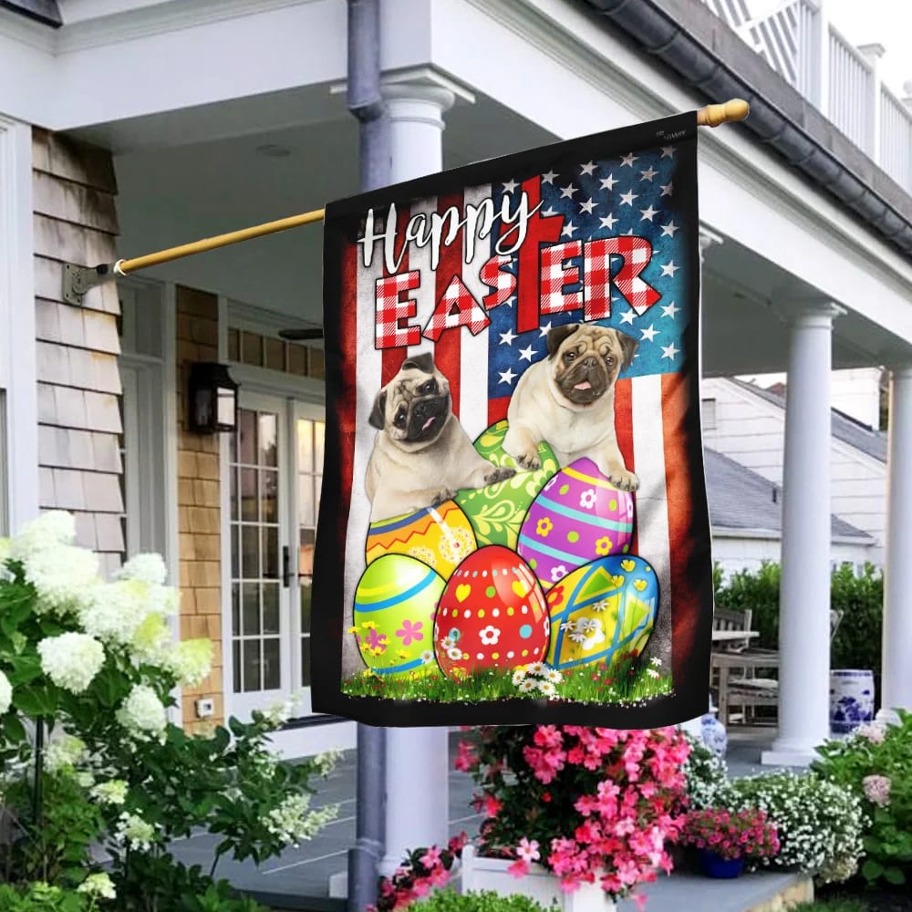 Pug Dog Easter Egg Hunt House Flag - Happy Easter Garden Flag - Decorative Easter Flags