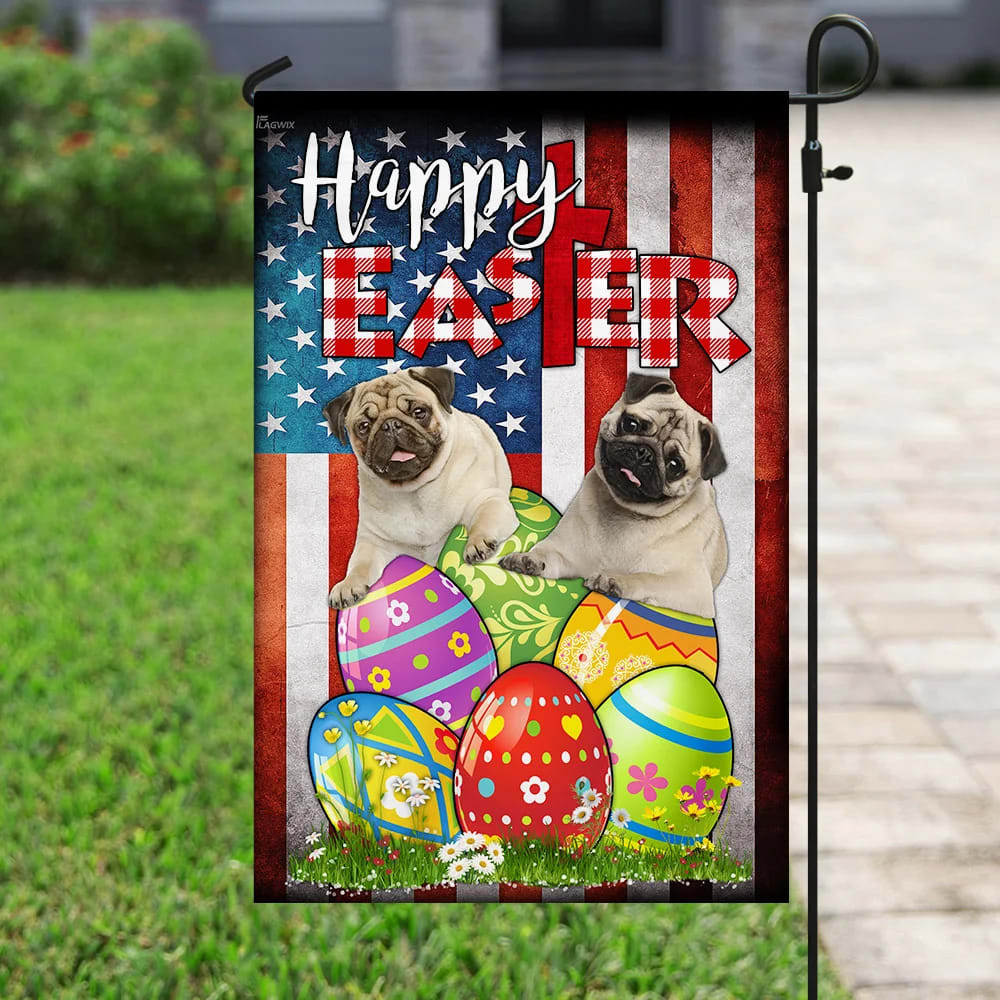 Pug Dog Easter Egg Hunt House Flag - Happy Easter Garden Flag - Decorative Easter Flags