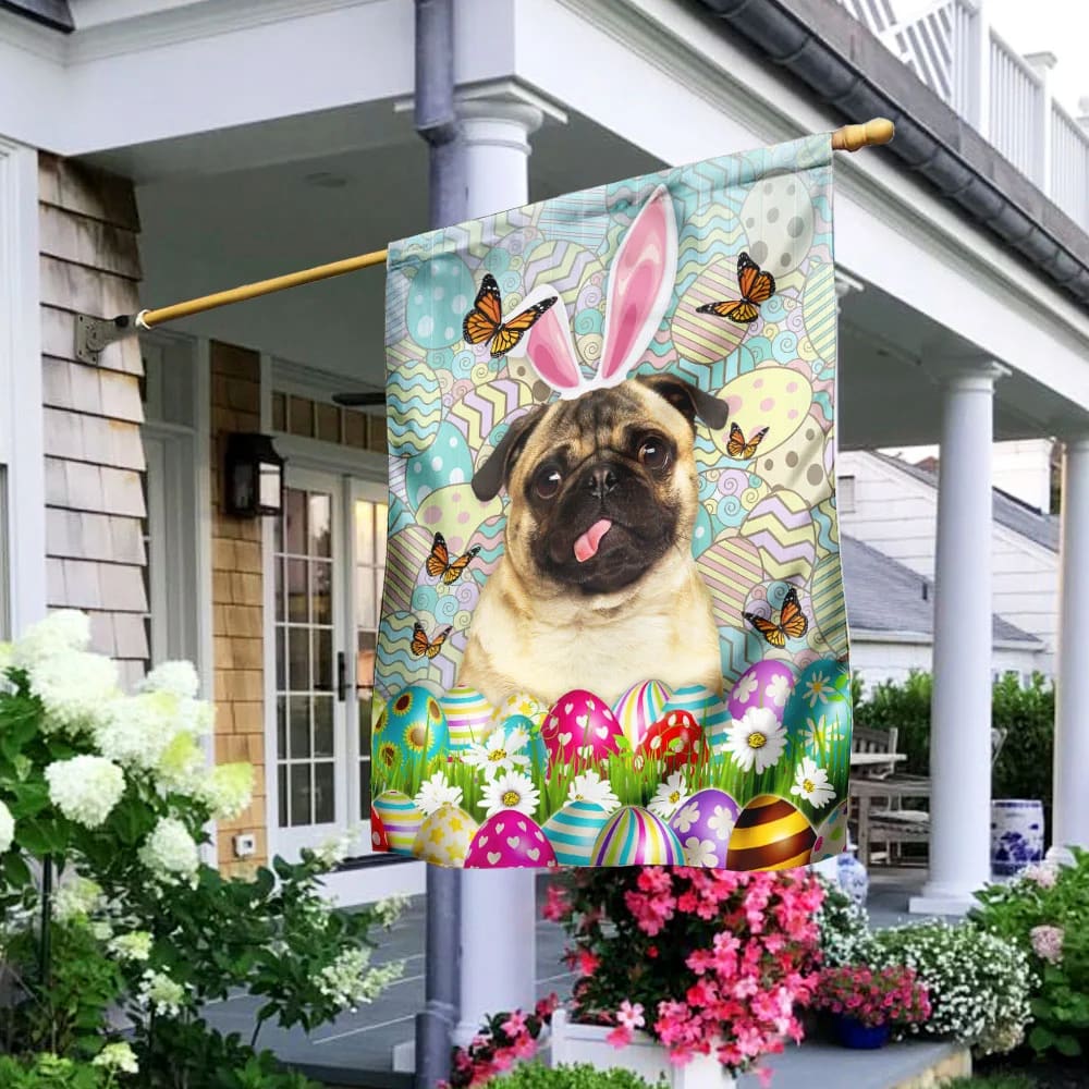 Pug Dog Happy Easter House Flag - Easter Garden Flag - Easter Outdoor Decor