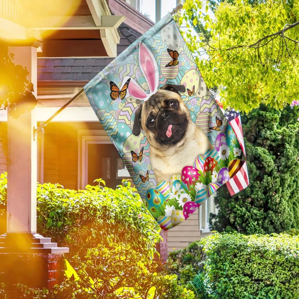 Pug Dog Happy Easter House Flag - Easter Garden Flag - Easter Outdoor Decor