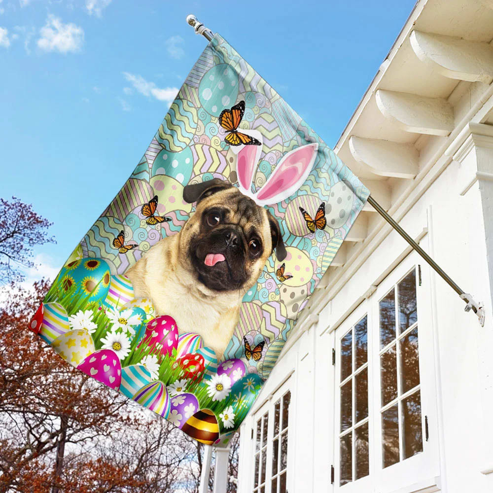 Pug Dog Happy Easter House Flag - Easter Garden Flag - Easter Outdoor Decor