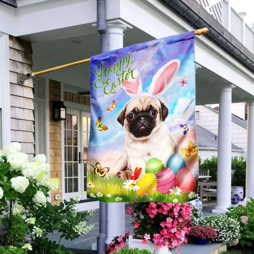 Pug Happy Easter House Flag - Easter Garden Flag - Easter Outdoor Decor