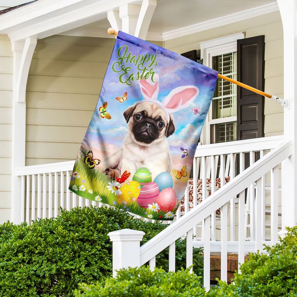 Pug Happy Easter House Flag - Easter Garden Flag - Easter Outdoor Decor