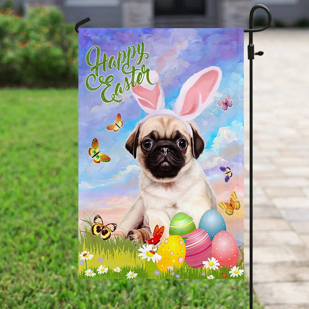 Pug Happy Easter House Flag - Easter Garden Flag - Easter Outdoor Decor