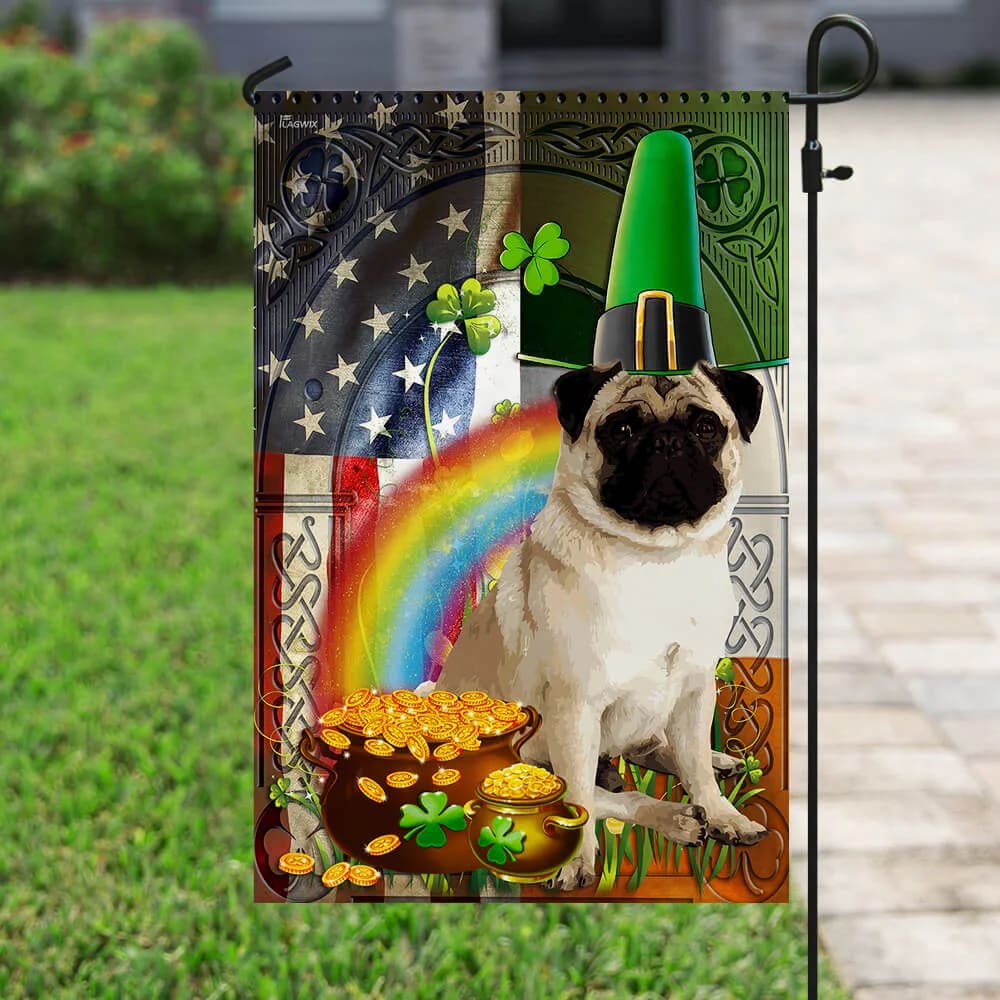 Pug Irish American House Flag - St Patrick's Day Garden Flag - Outdoor St Patrick's Day Decor