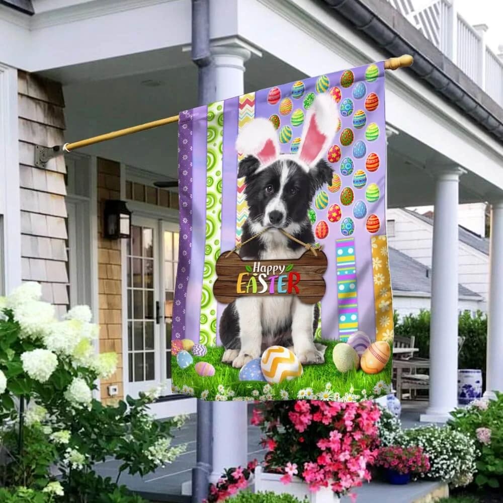 Puppy Border Collie 1 Happy Easter American House Flag - Easter Garden Flag - Easter Outdoor Decor