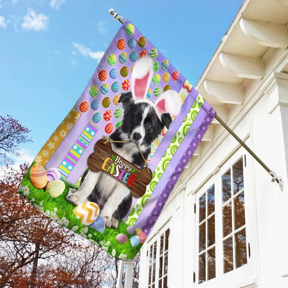 Puppy Border Collie 1 Happy Easter American House Flag - Easter Garden Flag - Easter Outdoor Decor