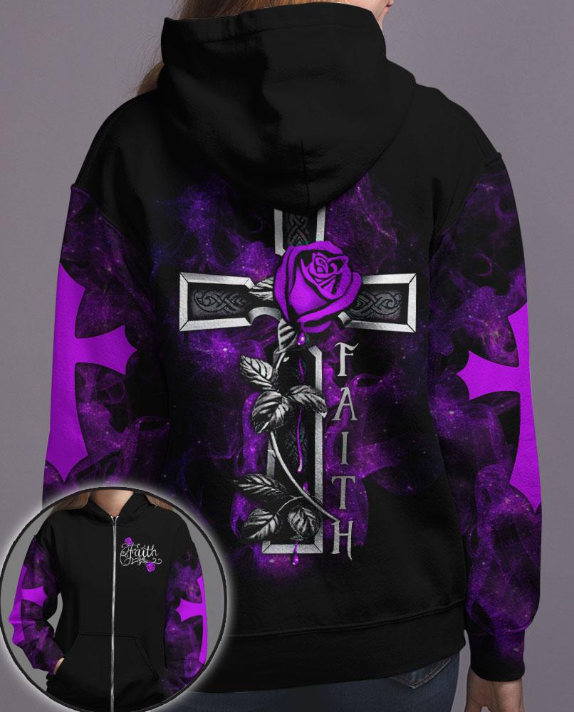 Purple Rose Cross Zip Hoodie - Christian 3D Hoodie
