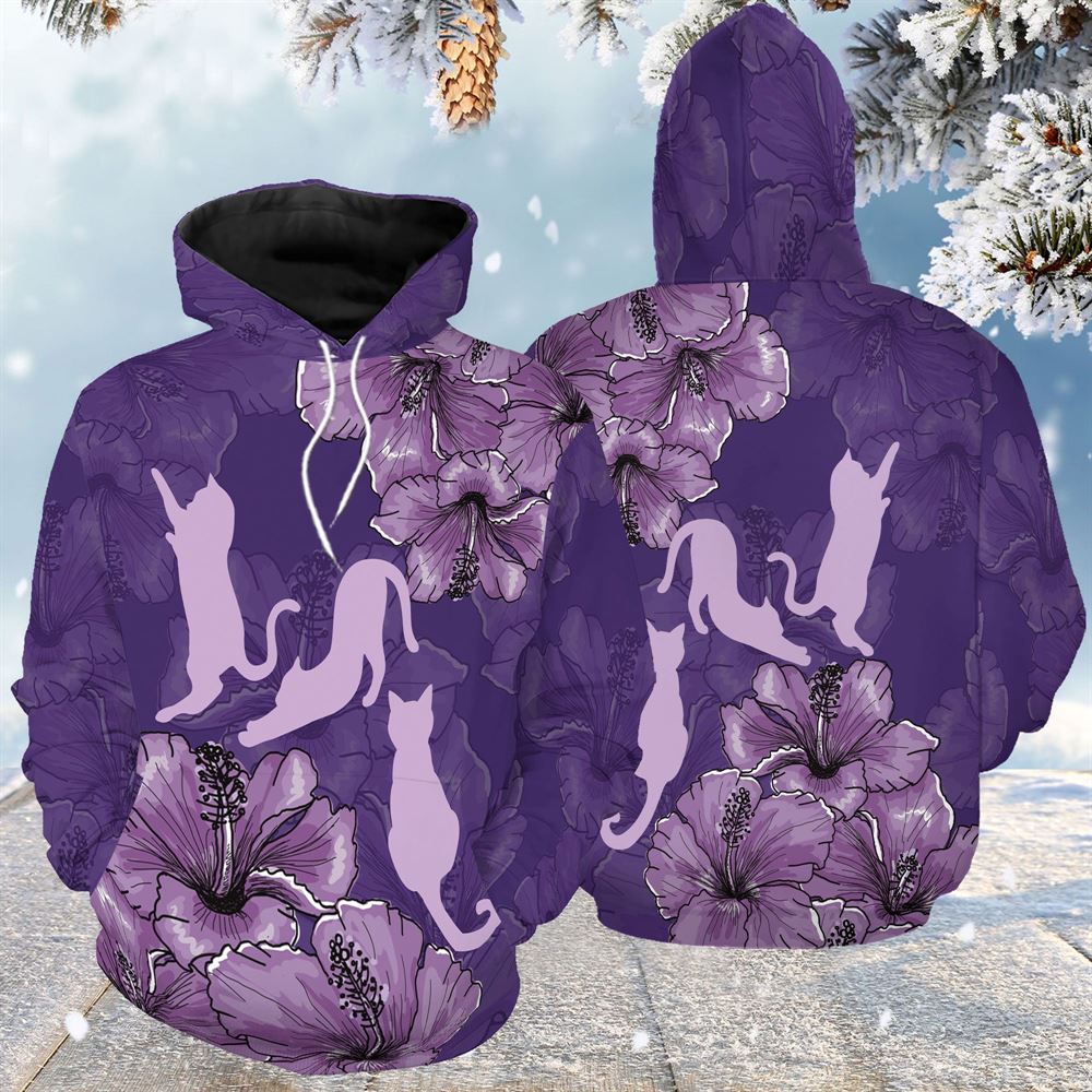 Purple Hibiscus Cat All Over Print 3D Hoodie For Men And Women, Best Gift For Cat lovers, Best Outfit Christmas